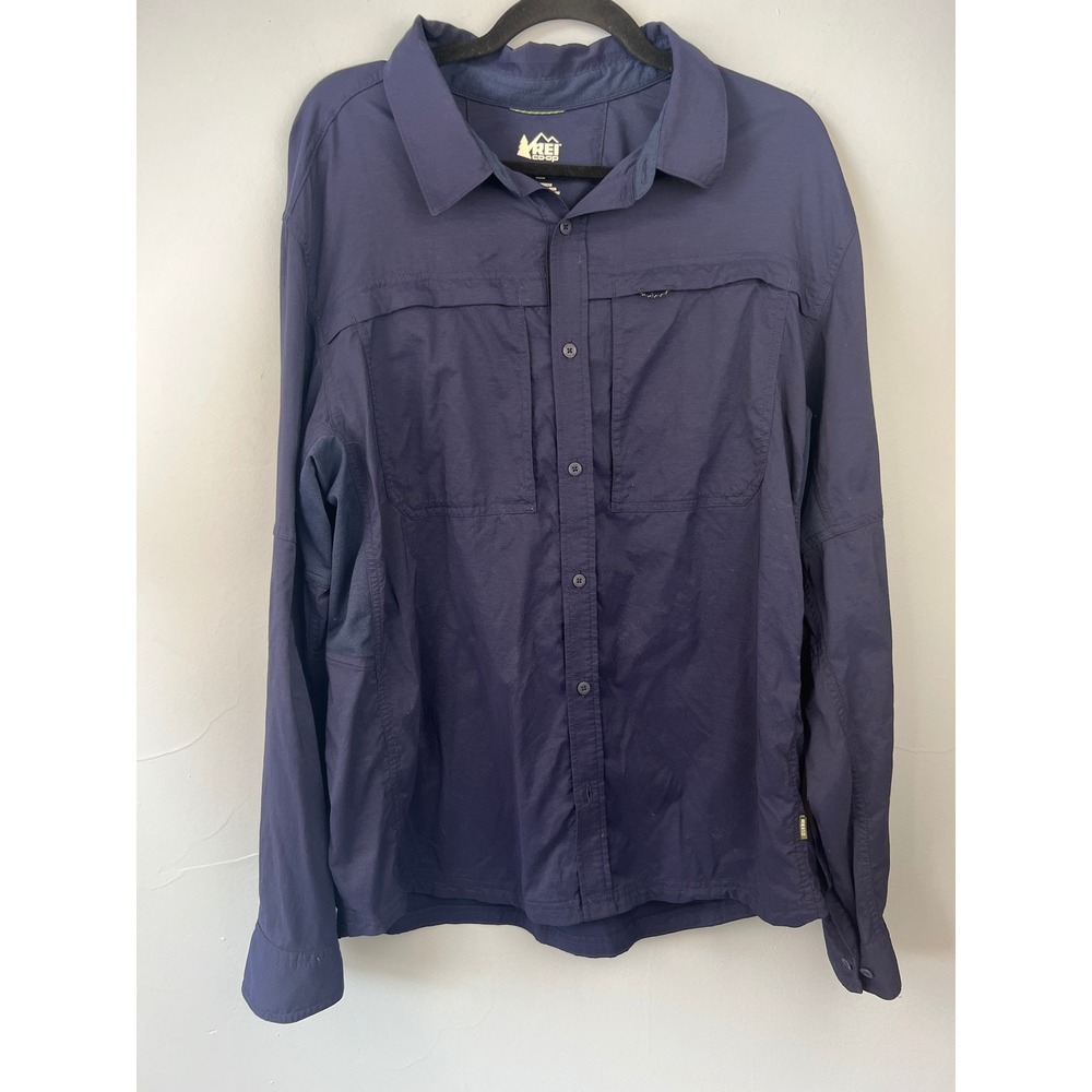REI Co-op Mens Navy Sahara Long-Sleeve Solid Shirt SZ L Hiking Camping UPF 50